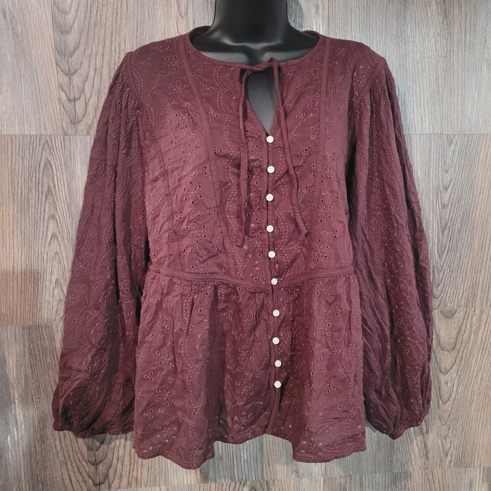 Old Navy Oversized Embroidered Cutwork Tie-Neck Blouse Sz L Purple Plum Boho